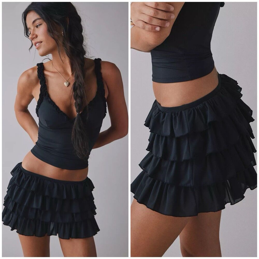 Urban Outfitters Out From Under Cammy Ruffle Black Micro Skort Large Flirty